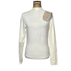 White Mesh Sequins Turtleneck Top L